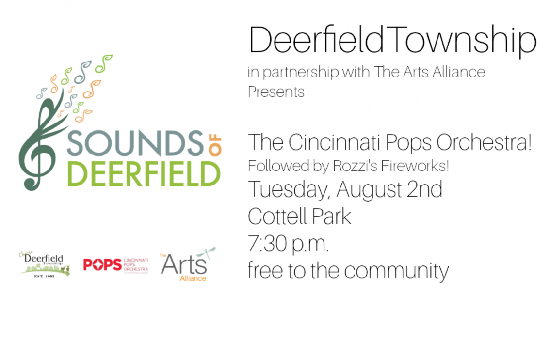 Sounds of Deerfield logo with announcement of Cincinnati Pops Orchestra performance at Cottell Park on August 2, 2022.