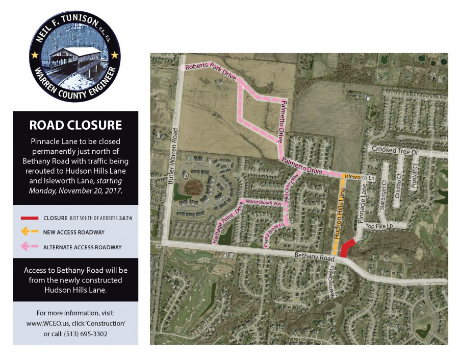 Pinnacle Lane at Bethany Road to be closed Permanently in Deerfield Township   