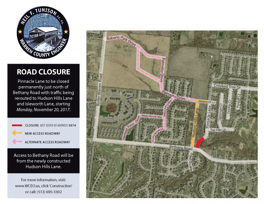 Pinnacle Lane at Bethany Road to be closed Permanently in Deerfield Township
